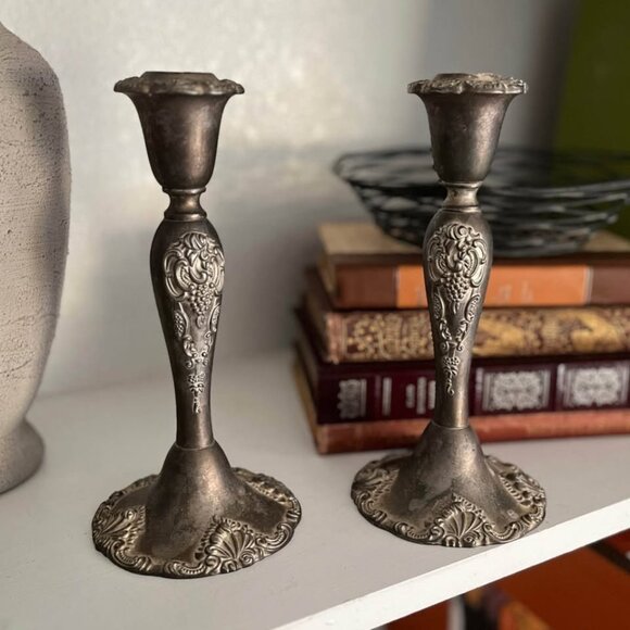 Vintage Candlesticks Candle Holders Set Victorian Rustic Fall Decor Silver Plate - Picture 2 of 10